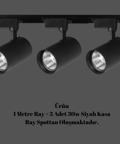 Universal  - 1 Metre Raylı, 90w 3 Adet Spotlu Ray Spot Seti - Siyah Kasa - Gün Işığı - 3200K