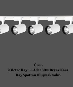 Universal  - 2 Metre Raylı, 150w 5 Adet Spotlu Ray Spot Seti - Beyaz Kasa - Gün Işığı - 3200K