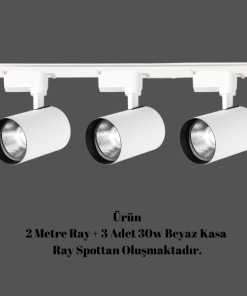 Universal  - 2 Metre Raylı, 90w 3 Adet Spotlu Ray Spot Seti - Beyaz Kasa - Beyaz Işık  - 6500K