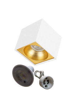 Universal – Beyaz + Gold Kasa Sıva Üstü 10x10cm Kare Led Spot Kasası (Duy+3200k Gün Işığı Ampul Dahil)