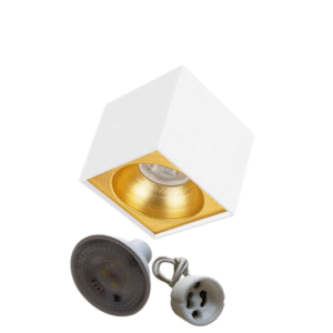 Universal – Beyaz + Gold Kasa Sıva Üstü 10x10cm Kare Led Spot Kasası (Duy+3200k Gün Işığı Ampul Dahil)