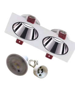 Universal - Beyaz Kasa + Krom Reflektörlü - İkili Dikdörtgen Dekoratif Boş Led Spot Kasası (Duy+6500k Beyaz Ampul Dahil)