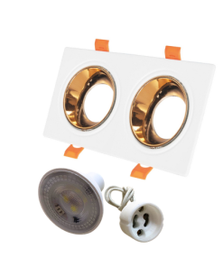 Universal - Beyaz Kasa + Sarı Reflektörlü - İkili Dikdörtgen Dekoratif Boş Led Spot Kasası (Duy+4000k Ilık Beyaz Ampul Dahil)