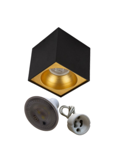 Universal – Siyah + Gold Kasa Sıva Üstü 10x10cm Kare Led Spot Kasası (Duy+3200k Gün Işığı Ampul Dahil)