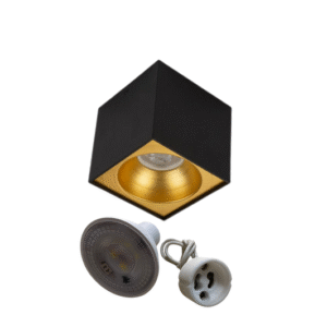 Universal – Siyah + Gold Kasa Sıva Üstü 10x10cm Kare Led Spot Kasası (Duy+3200k Gün Işığı Ampul Dahil)