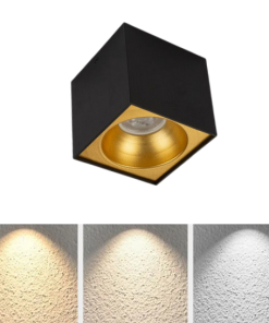 Universal – Siyah + Gold Kasa Sıva Üstü 10x10cm Kare Led Spot Kasası (Duy+3200k Gün Işığı Ampul Dahil)