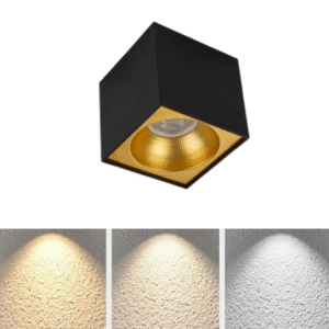 Universal – Siyah + Gold Kasa Sıva Üstü 10x10cm Kare Led Spot Kasası (Duy+3200k Gün Işığı Ampul Dahil)